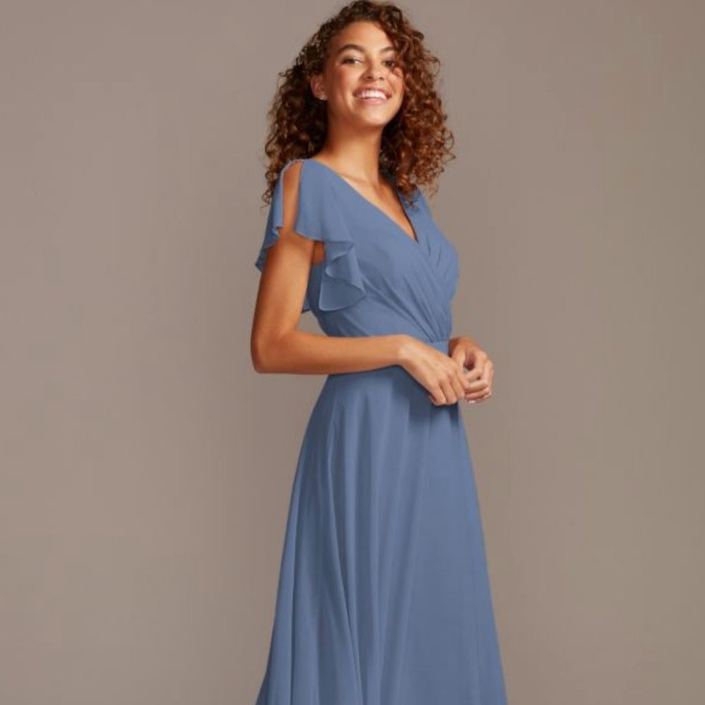 Davids Bridal Flutter Sleeve Full Skirt Bridesmaid Dress in Steel Blue -  NWT